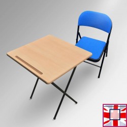 Folding Exam Desk & Padded Chair Set - Beechwood Table with Blue Foldaway Seat