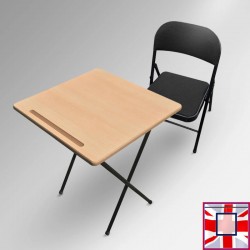 Folding Exam Desk & Padded Chair Set - Beechwood Table with Black
